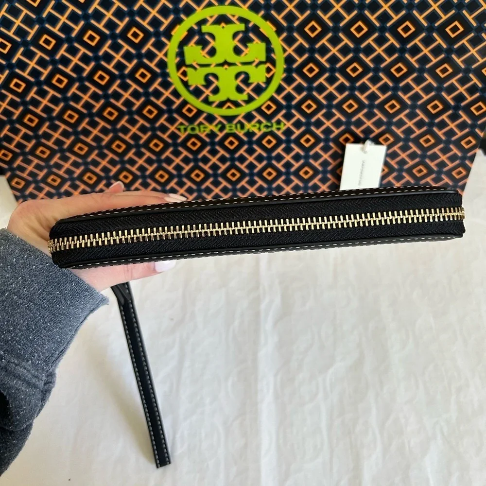 Tory Burch Emerson Canvas Zip Continental Wallet Multi Leather Black Tan Gold
